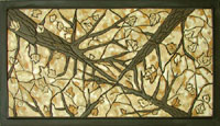 This table top, made of cut mosaic, is colored with a stoney matt glaze in yellow and black, with dark grout, 14.5